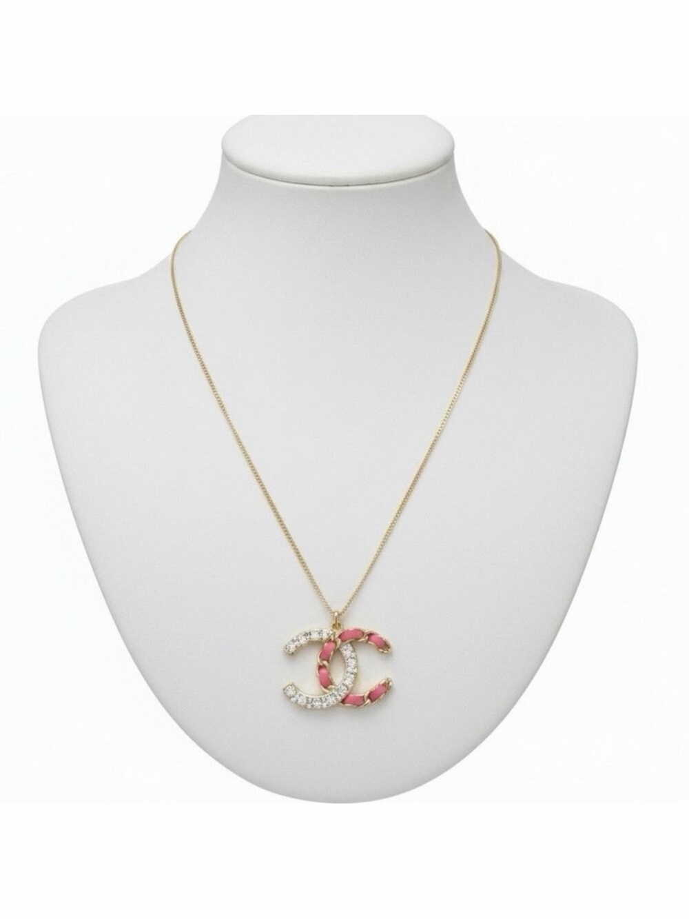 Authentic Chanel Large CC Crystal Leather Pendant Necklace Gold Reversible w/COA